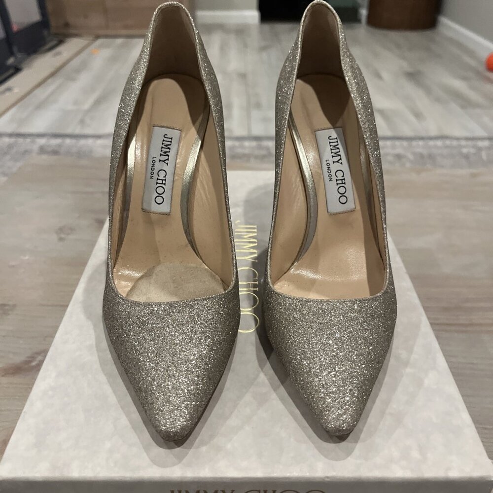 Jimmy Choo Romy 100 Platinum Ice Dusty Glitter Pointy Toe Pumps